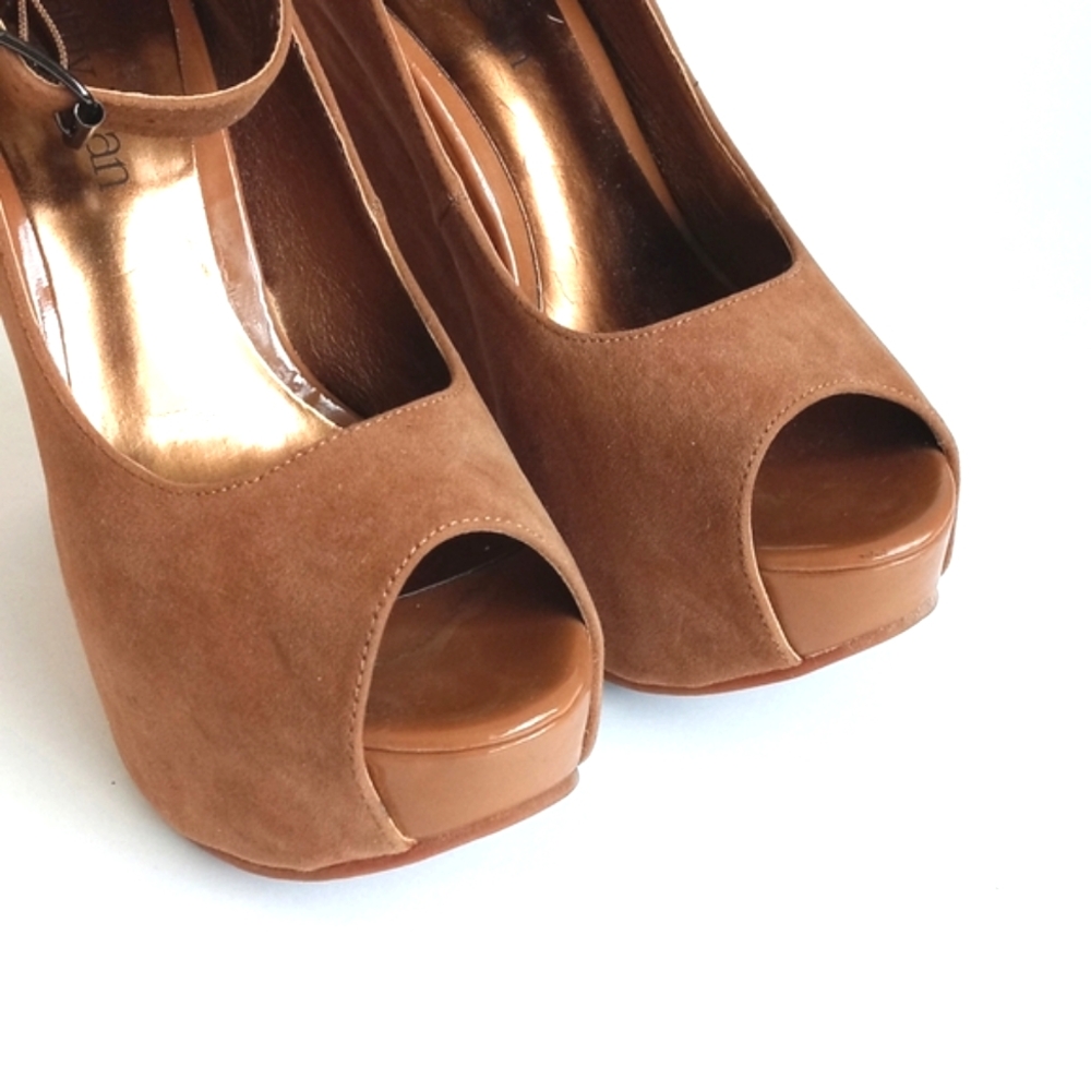 Cathy Jean Women’s Tan Suede Peep-Toe Wedge Heels with Ankle Strap 7 - Picture 2 of 15